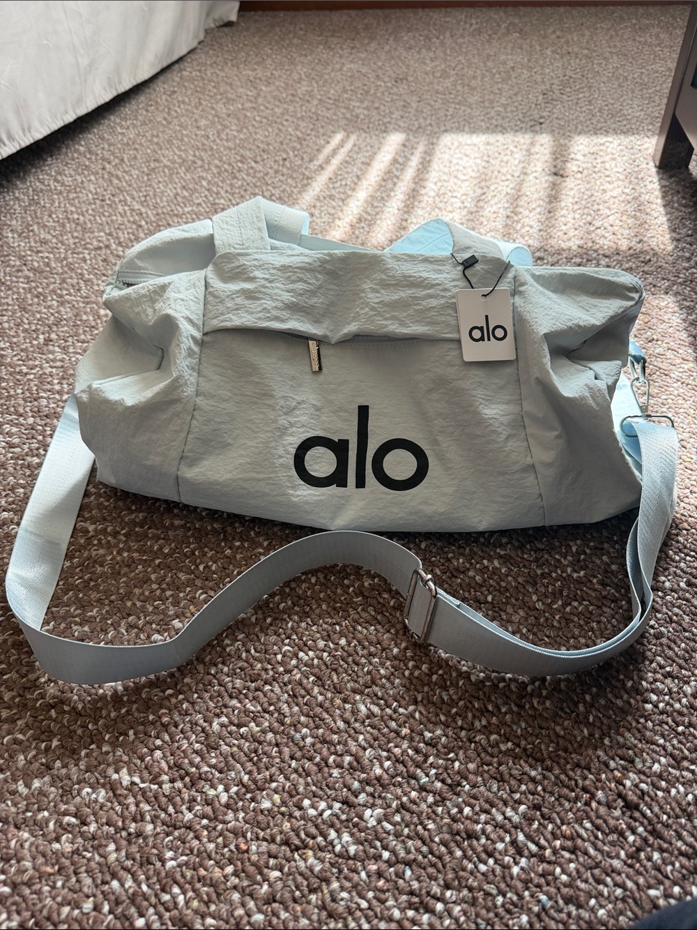 ALO Yoga Dust Blue Duffel Bag with Black Logo - Picture 1 of 6